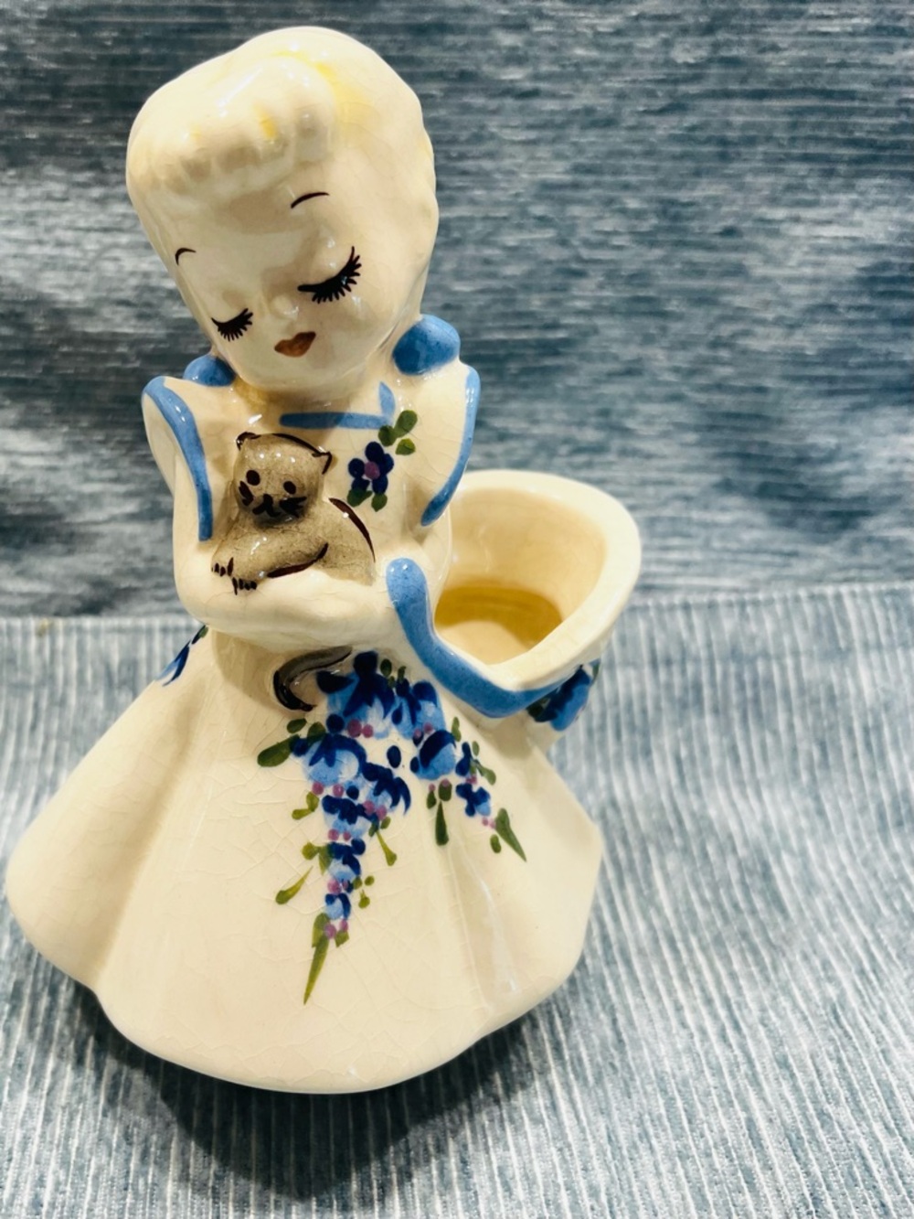 Delee Vintage Ceramic Pottery Girl Figurine Planter in Cream and Blue